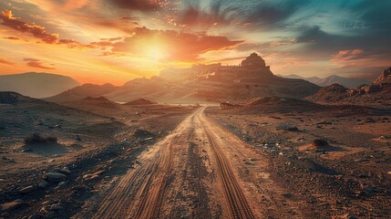 Fototapeta premium Sunset Over Time: A Dusty Desert Road Towards Ancient Castle Ruins in a Biblical Landscape