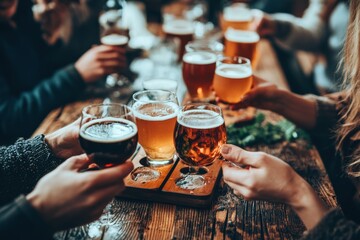 A lively craft beer tasting event, with a flight of beers served on a wooden paddle