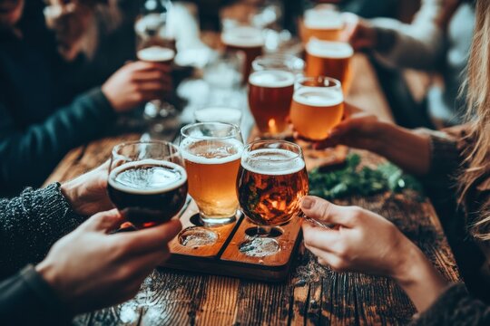 A lively craft beer tasting event, with a flight of beers served on a wooden paddle