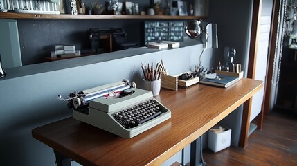 A vintage typewriter sits on a wooden desk in a home office, with a pen holder, a notebook, and a lamp in the background.