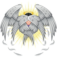 Obraz premium Seraph with six wings, angelic face of the Catholic religion, archangel with halo and feathers