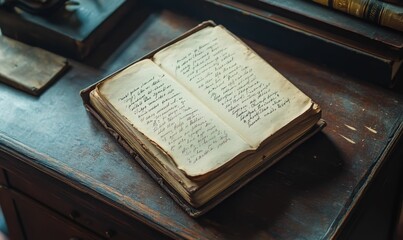 Obraz premium Old book with handwritten notes on a table.