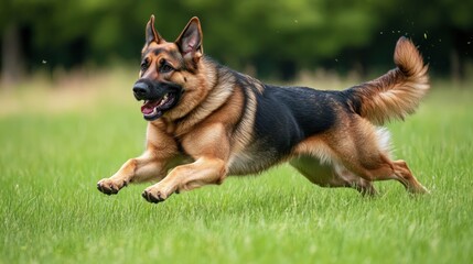 A German Shepherd dog running through a grassy field with its tongue out.