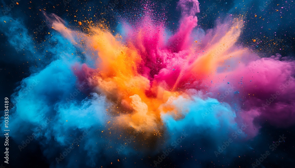 Poster a vibrant explosion of colorful powder creating a stunning visual effect against a dark background, 