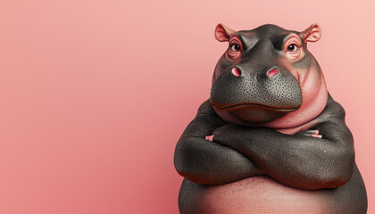 Naklejka premium A cartoonish hippo stands with crossed arms against a pink background, exuding confidence and playfulness.