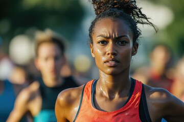A marathon runner crossing the finish line, sweat glistening on their forehead