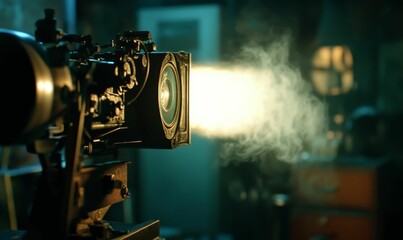 Naklejka premium Antique film projector emitting smoke and light.