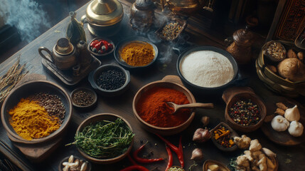 Integrate elements that represent various culinary traditions, such as spices, utensils, or cooking methods from different cultures, showcasing the diversity and richness of global cuisines.