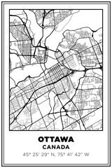 Obraz premium Black and white printable Street map art Ottawa, Ontario, Canada. Travel poster with coordinates, poster design, Modern Poster Wall Art Home Decor Ready to Printable