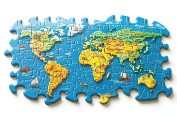 Obraz premium A puzzle world map with interlocking pieces, each shaped like a country or continent, offering a fun and interactive way to learn about world geography