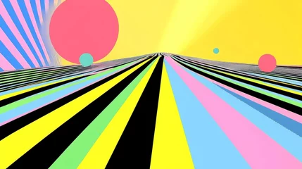 Gordijnen Vibrant Geometric Landscape: A Retro-Futuristic Dreamscape © Photock Agency