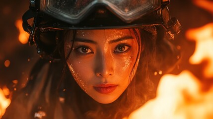 A brave asian woman firefighter stares into the flames with determination
