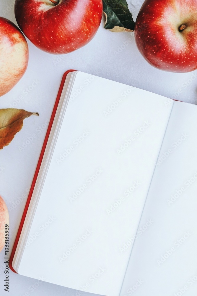 Poster minimalist apple-themed magazine mockup with blank pages and fresh red apples on white background