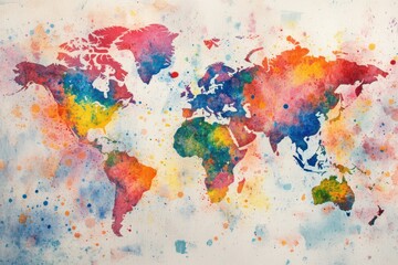 A watercolor world map with vibrant splashes of color, blending artistic expression with global geography, capturing the beauty and diversity of our planet