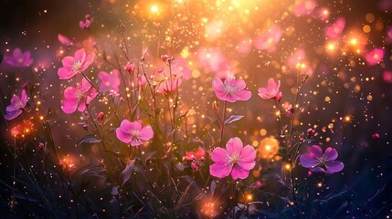 A Magical Evening with Sparkling Pink Flowers in Nature