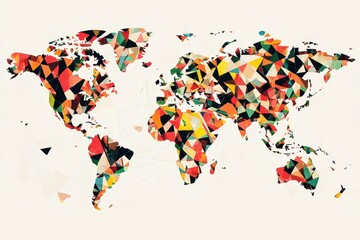 Obraz premium A world map composed of geometric shapes, with each region formed by triangles, circles, and polygons, reflecting abstract art and modern interpretations of global geography
