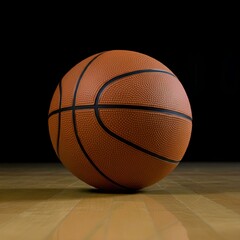 Obraz premium An orange basketball sits on a polished wooden court against a black background.