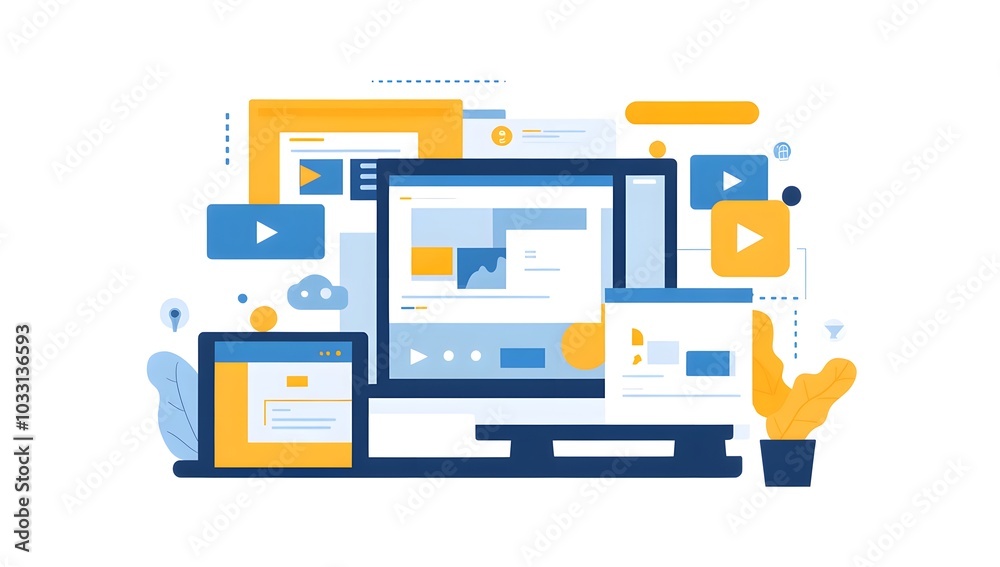 Poster a flat vector illustration of web design and development with a laptop, tablet computer displaying a