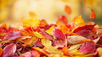 A pile of colorful autumn leaves with some falling in the background.