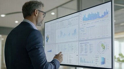 A businessman in a suit stands in an office reviewing data on a large monitor.