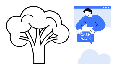 Outline of a tree with a person holding a cashback sign in a web browser. Cloud element on the bottom right creates a clean, minimal design. Ideal for finance, environmental themes, advertising
