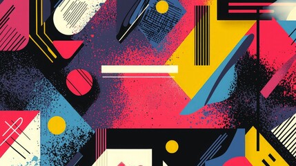 Abstract geometric background with vibrant colors, bold lines, and a playful pattern.