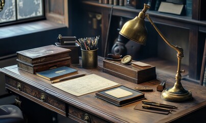 An antique desk with a lamp, books, and writing utensils.