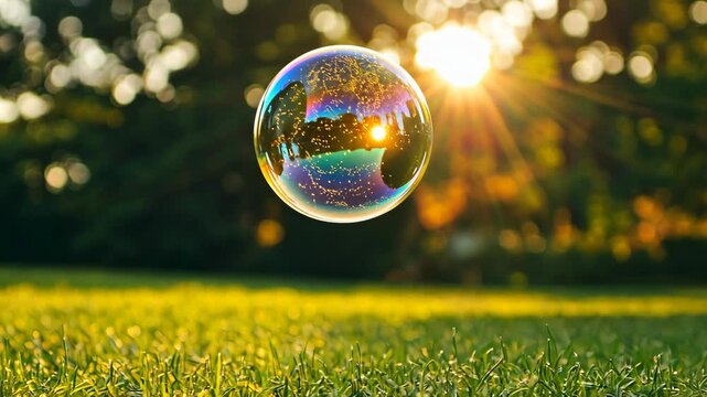 A single soap bubble floats in the air, reflecting the setting sun in a grassy field