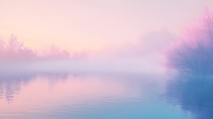 Obraz premium A soft, pastel-colored fog rolling over a calm lake, with hues of lavender, peach, and pale blue blending seamlessly, creating an ethereal, dreamlike atmosphere.