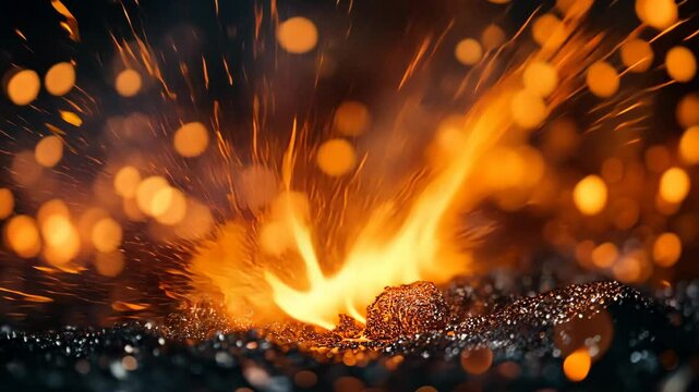 Sparks fly from hot coals in a blacksmith's forge