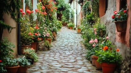 A cobblestone street lined with lush greenery and colorful flowers leading through a charming village.