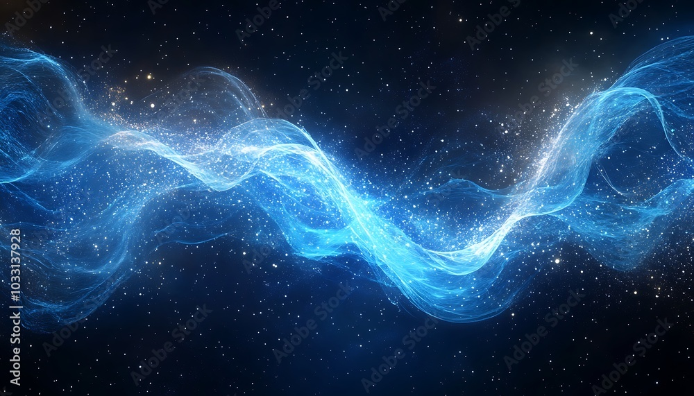 Poster a tranquil cosmic scene featuring blue energy waves flowing through a starry background, evoking fee