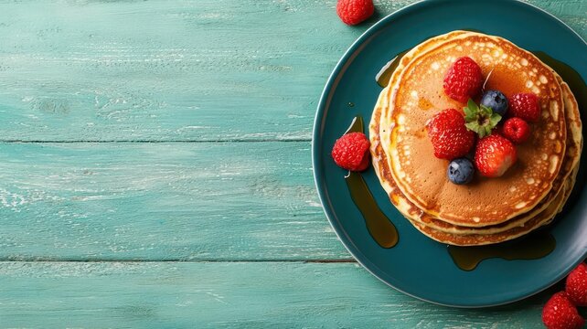 Colorful breakfast setup with pancakes and fruit toppings, drenched in syrup with a vibrant table setting and bold accents, 3D illustration - Powered by Adobe