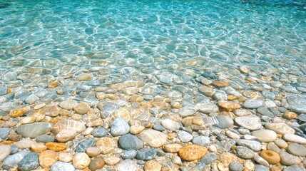 Clear turquoise water laps over smooth, colorful pebbles on a sunny beach.