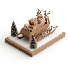 Wooden sleigh with reindeer and presents on a snowy base.