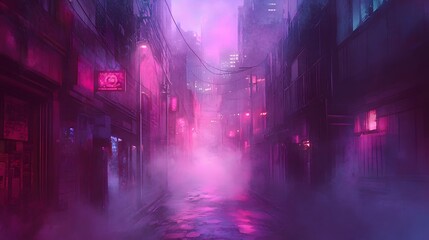 A striking blend of pink and violet fog drifting through a narrow alleyway, with the soft mist reflecting the glow of distant city lights, creating a surreal urban scene.