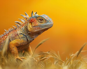 Fototapeta premium Rugops stalking through tall grass isolated on a yellow plain background.
