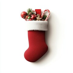 Christmas stocking filled with festive decorations, white background