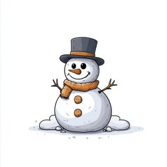 Cheerful snowman wearing a black hat and orange scarf.