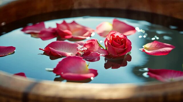 A single rose and several petals float in a wooden bowl of water