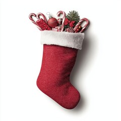 Christmas stocking filled with festive decorations and candies.