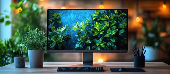 A modern workspace featuring a monitor displaying lush greenery, plants, and a keyboard.