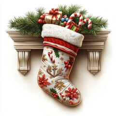 Christmas stocking filled with gifts and decorations.