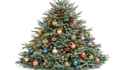 Christmas tree adorned with colorful ornaments, white background.