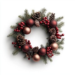Christmas wreath with ornaments and pinecones, white isolate background