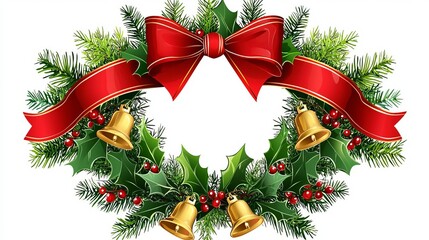 Christmas wreath with bells and red ribbon, white isolate background