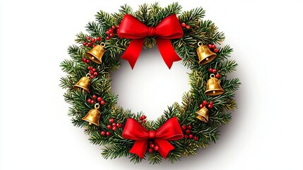 Christmas wreath with bells and red ribbons, white isolate background