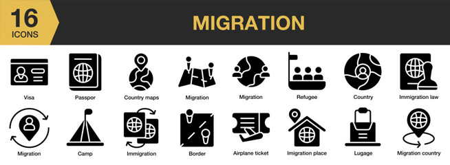 Migration solid icon set. Includes migration, immigration law, passport, refugee, visa, and More. Solid icons vector collection.