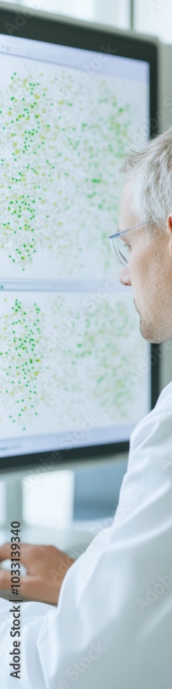 Poster Scientist Analyzing Genetic Data on Apple Varieties in Modern Laboratory Setting
