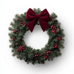 Christmas wreath with red bow and berries, white isolated background